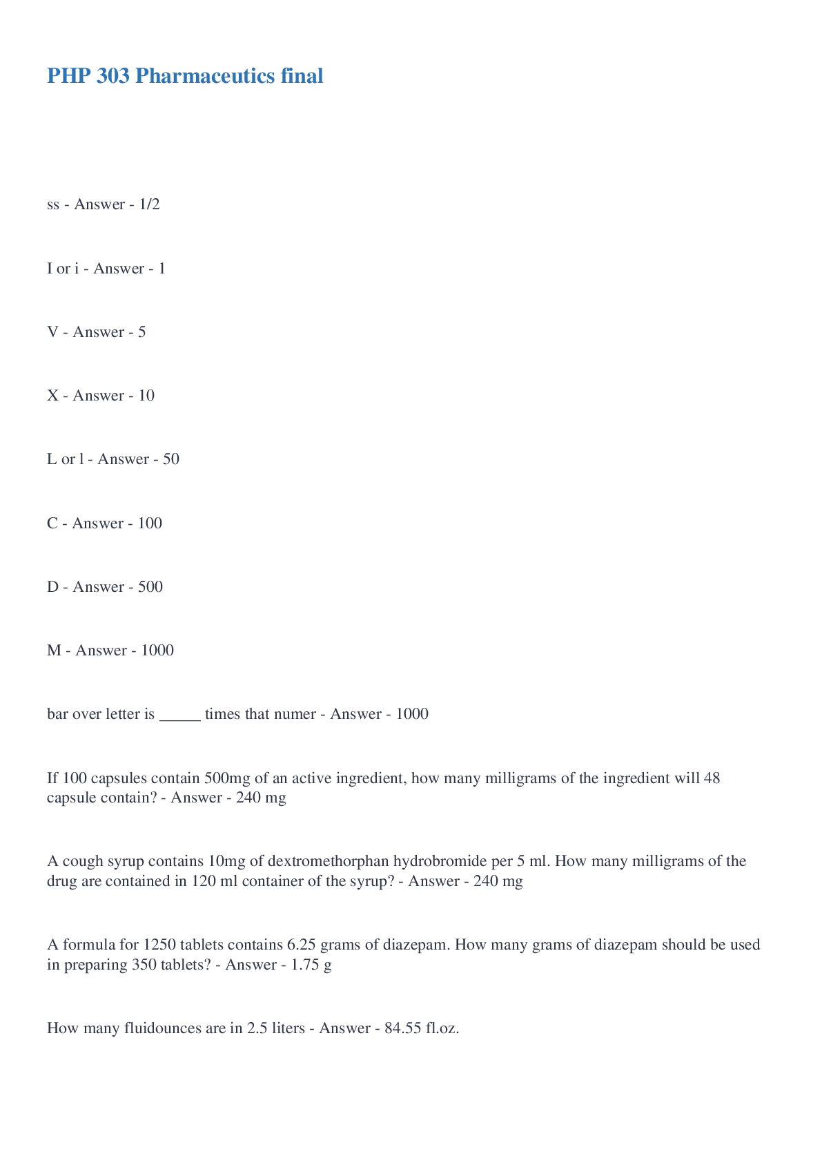 Preview of PHP 303  Pharmaceutics final  Questions And Answers 2022/2023